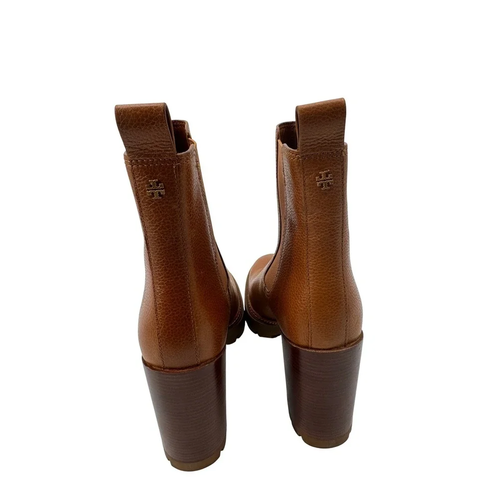 Tory Burch Booties Size 9M Brown Carson Leather Lug-Sole Chelsea Block Heel
